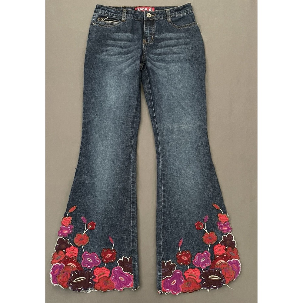 Zana Di Flare Jeans Womens Size 5 Embroidered Flowers Flare Boho Dark Wash